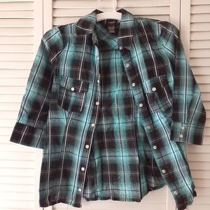 Women's/Junior Button-up 3/4 Sleeve Plaid Top Size M